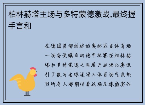 柏林赫塔主场与多特蒙德激战,最终握手言和